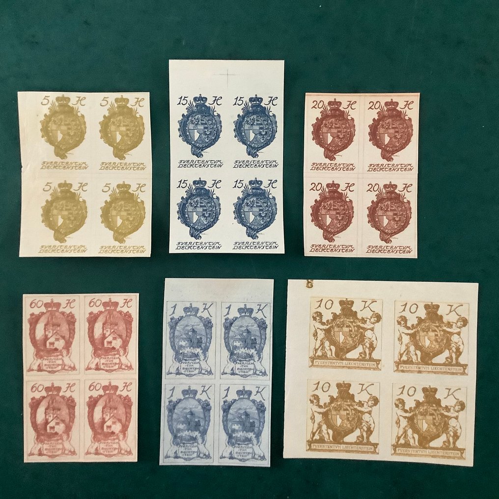 Liechtenstein 1920 - Landscapes and coat of arms in an unnotched block of four. - Michel 25U, 27U/28U, 33U, 35U en 39U #1.0