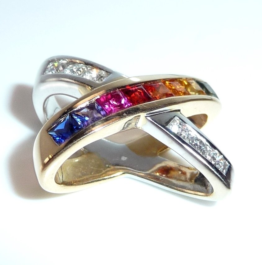 Anheng - 14 karat Hvitt gull - 0.64ct. tw. Diamant (Naturlig) - Safir - Fargede regnbuesafir #4.3