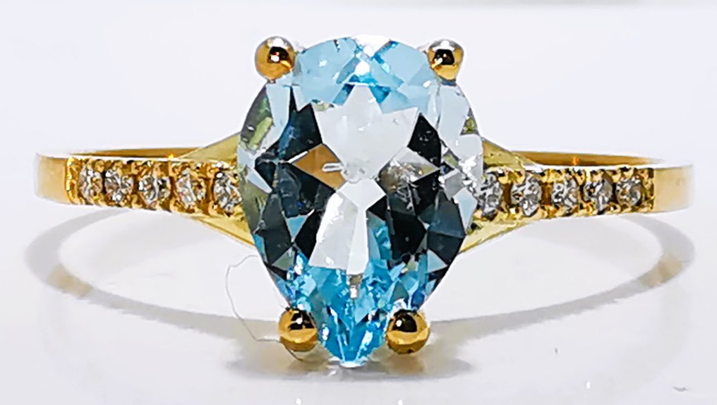 Sans prix de réserve - Bague - 14 carats Or jaune - 0.85ct. tw. Aigue-marine - Diamant #3.2