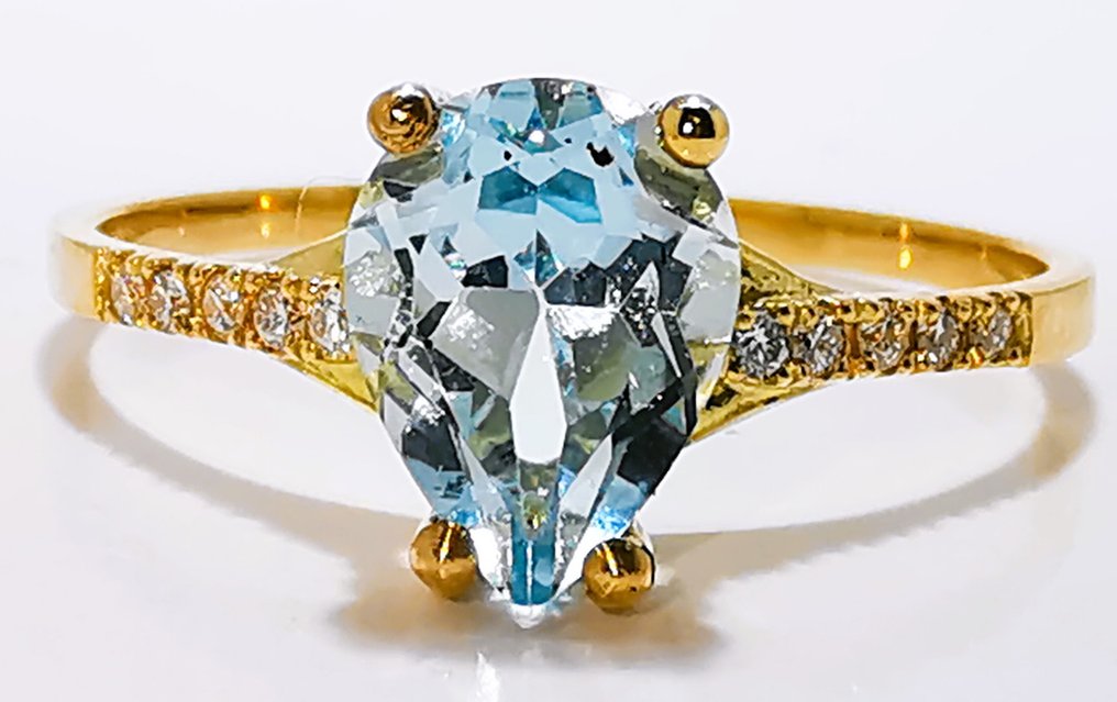 χωρίς τιμή ασφαλείας - Δαχτυλίδι - 14 καράτια Κίτρινο χρυσό - 0,85ct. tw. Ακουαμαρίνης - Διαμάντι #3.2