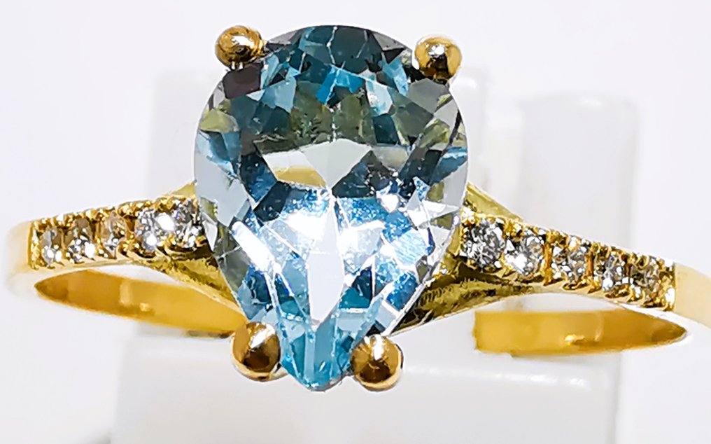 χωρίς τιμή ασφαλείας - Δαχτυλίδι - 14 καράτια Κίτρινο χρυσό - 0,85ct. tw. Ακουαμαρίνης - Διαμάντι #1.0