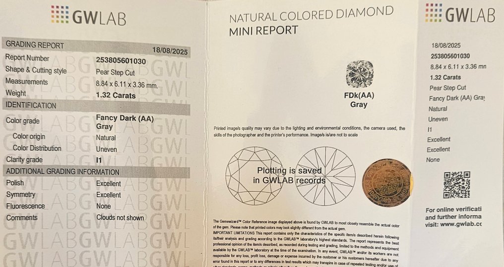 1 pcs Diamante (Colorido natural) - 1.32 ct - Pera - Fancy dark Cinzento - I1 - Gemewizard Gemological Laboratory (GWLab) #3.2