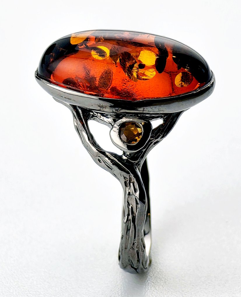 没有保留价 - 戒指 银 琥珀 - 黄水晶 - 波罗的海宝藏 #3.2