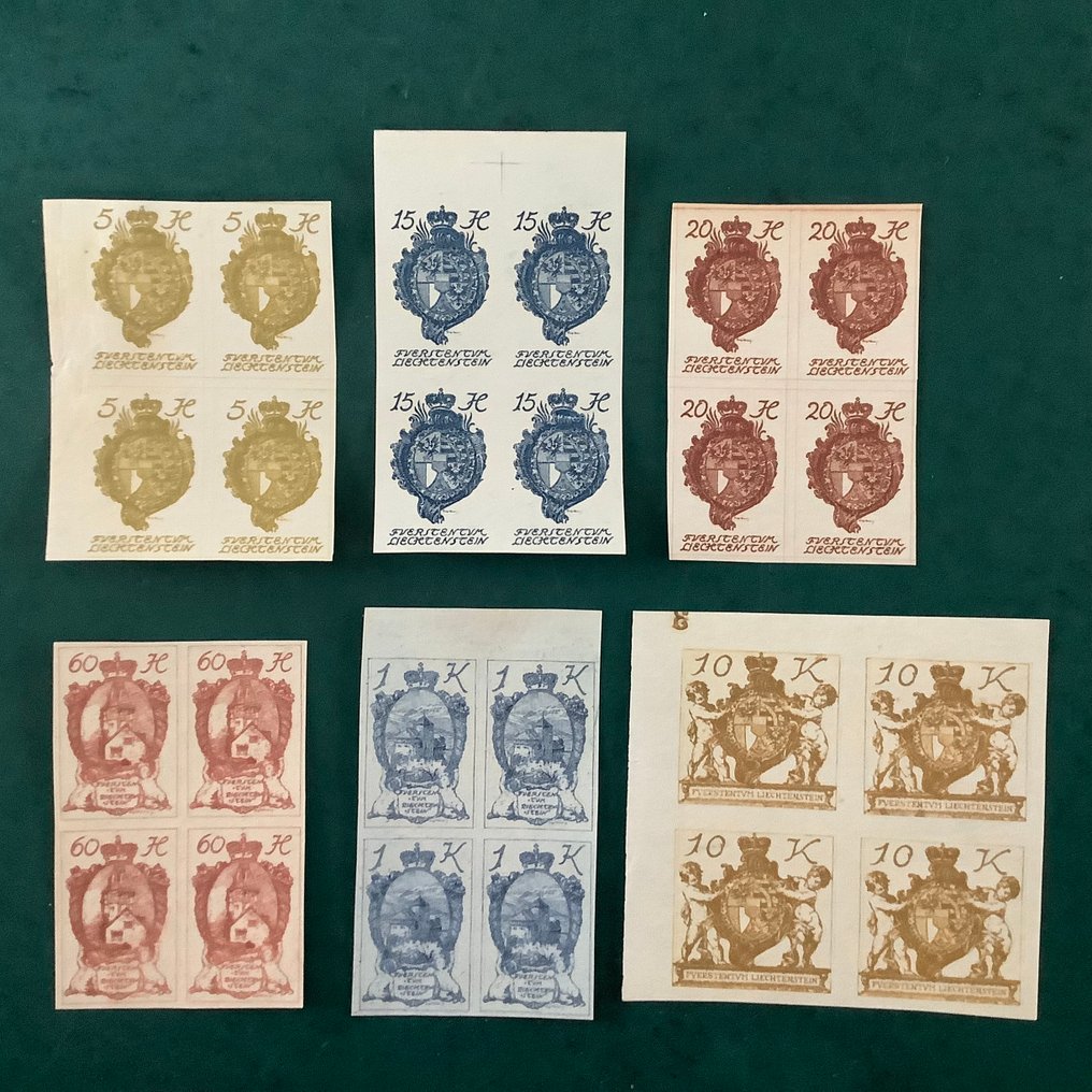 Liechtenstein 1920 - Landscapes and coat of arms in an unnotched block of four. - Michel 25U, 27U/28U, 33U, 35U en 39U #3.2