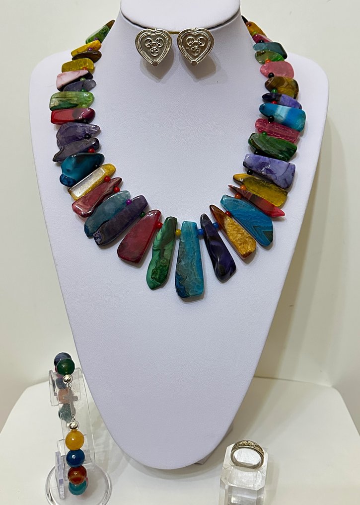 巴西天然多彩玛瑙（1345克拉），配925纯银拉丁十字架 - 3套珠宝 - 高品质。925 银 #1.0