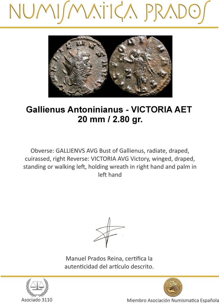 Império Romano. Galiano (253-268 d.C.). Antoninianus VICTORIA AET (Sem preço de reserva) #1.0