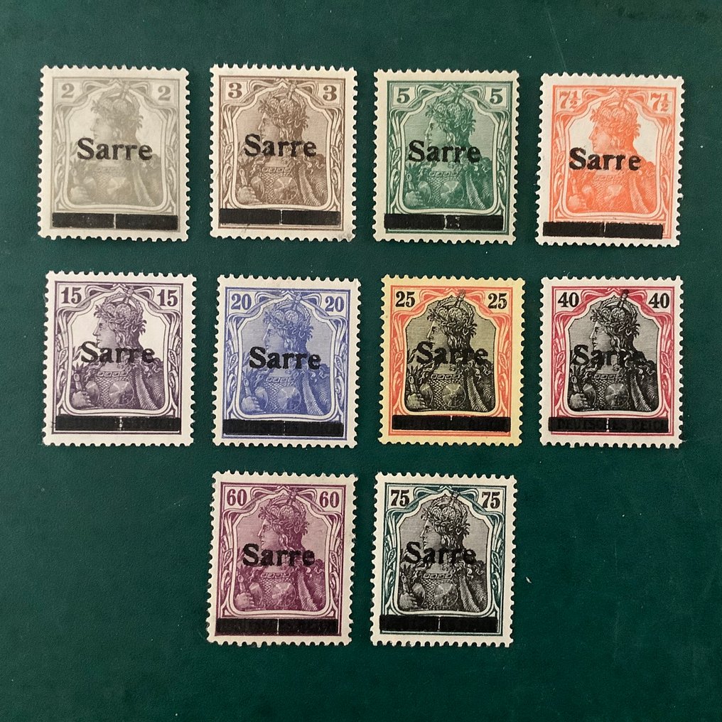 薩爾盆地地區 1920 - 10个封条，带有板材缺陷A - 底部垂直裂开的梁 - Michel 1, 3/5, 7/9, 12 en 14/15 #3.2