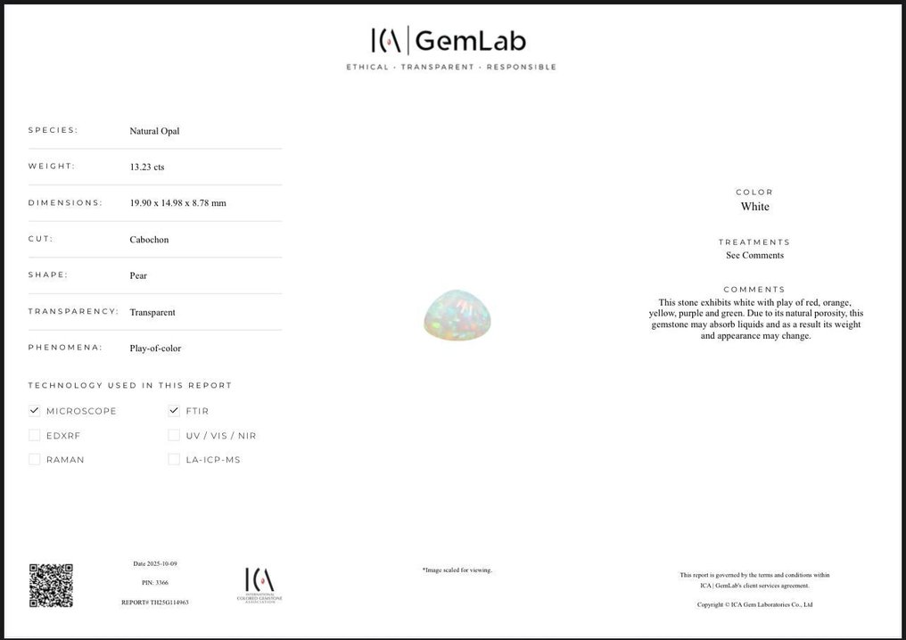 Fără preț de rezervă - 1 pcs Alb Opal - 13.23 ct - Asociația internațională de pietre prețioase colorate (ICA GemLab) - Colorplay #2.1