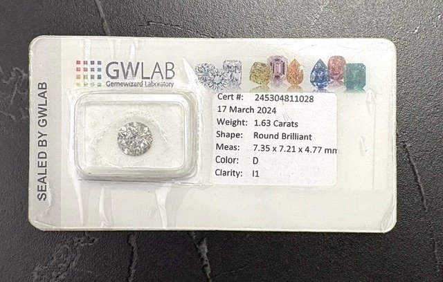 1 pcs Gyémánt (Természetes) - 1.63 ct - Kerek - D (színtelen) - I1 - Gemewizard Gemmológiai Laboratórium (GWLab) #2.1