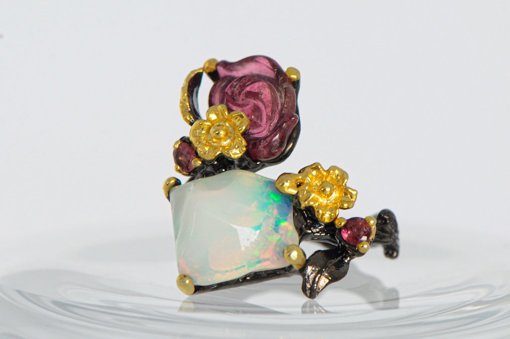 925 silver, rhodium-plated - partially gold-plated - opal - tourmaline - rhodolite - Ring #1.0