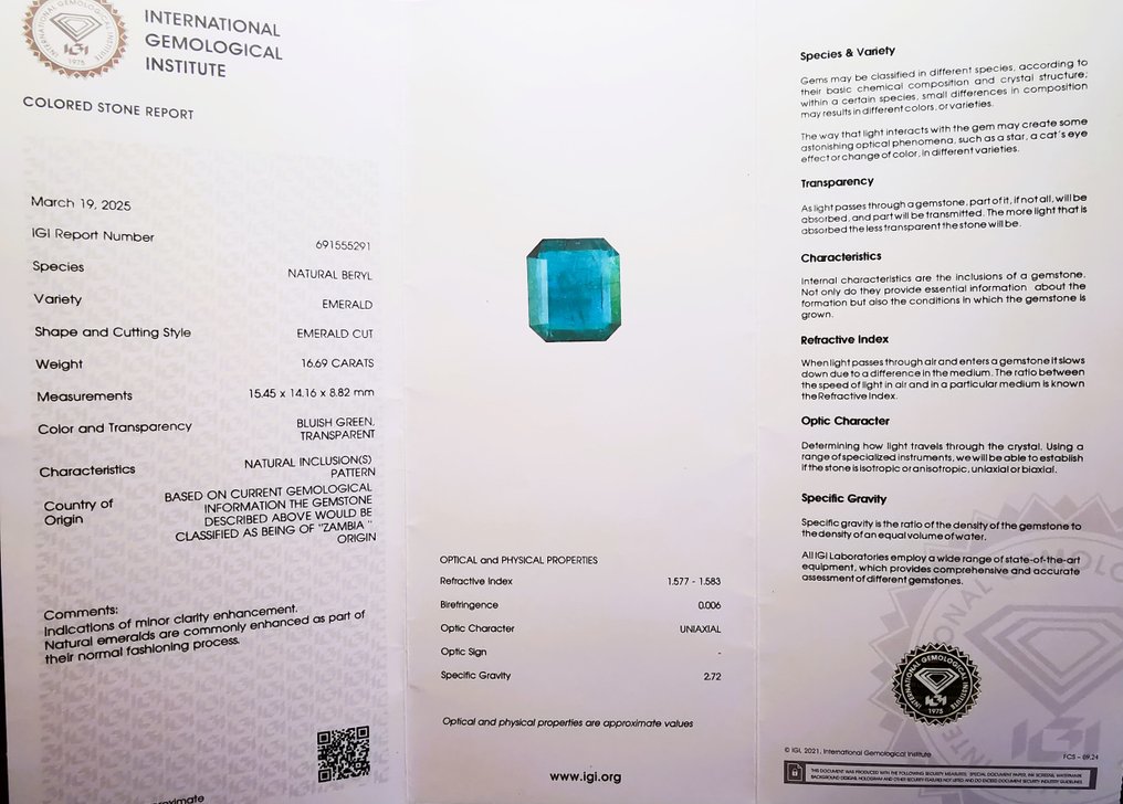 Κρεμαστό κόσμημα - 18 καράτια Λευκός χρυσός, IGI 10.21gr -  17.59ct. tw. Σμαράγδι - Διαμάντι - MINOR /λάδι #2.1