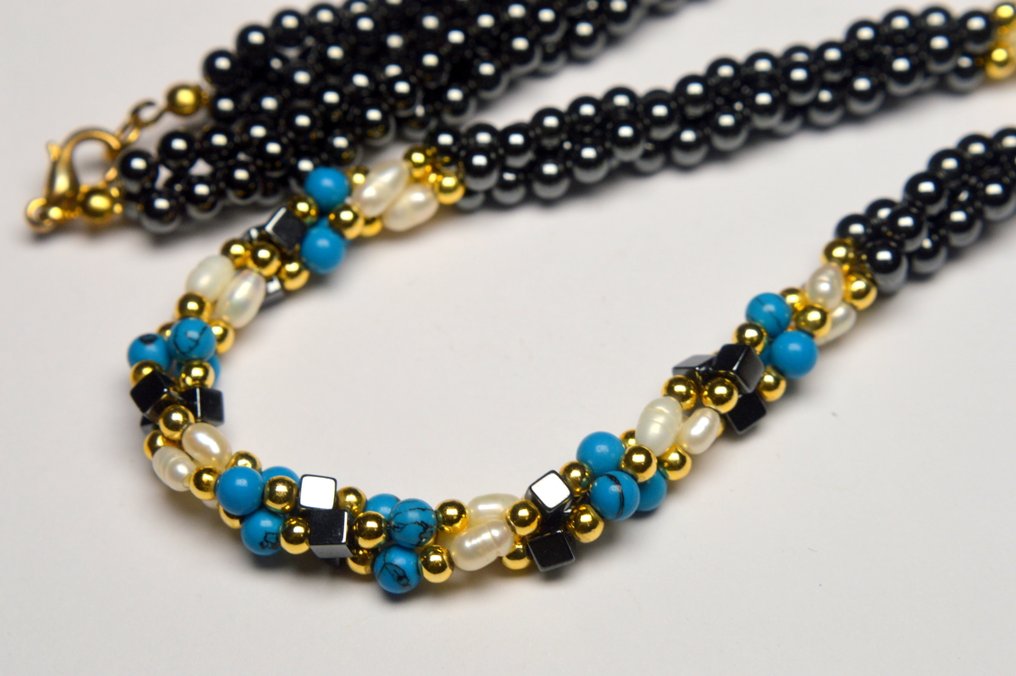 Schwarzer Hämatit, Weiße Barockperlen, Blauer Türkis - Halskette #2.1