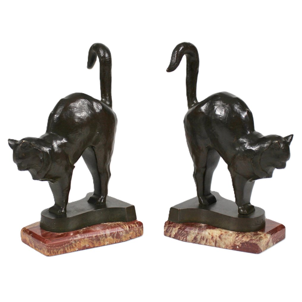 C. Charles - 雕塑, Twee Art deco bronzen katten - 21 cm - 青铜与大理石 - 1925 #2.1