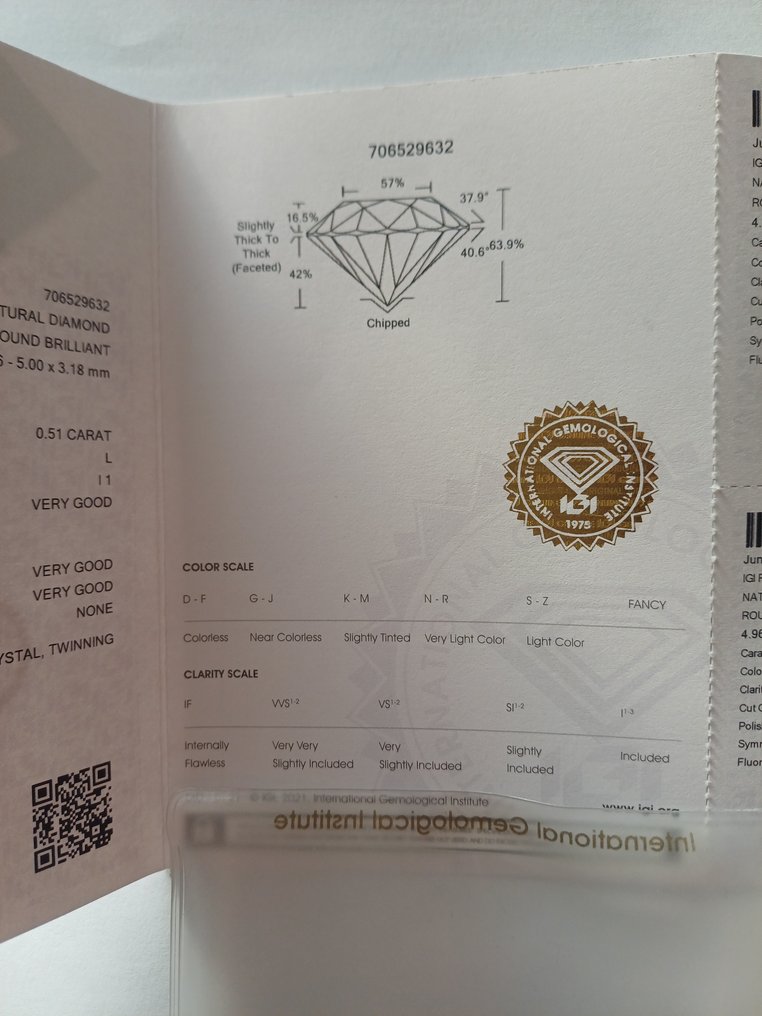 1 pcs 钻石  (天然)  - 0.51 ct - 圆形 - L - I1 内含一级 - 国际宝石研究院（IGI） #3.2