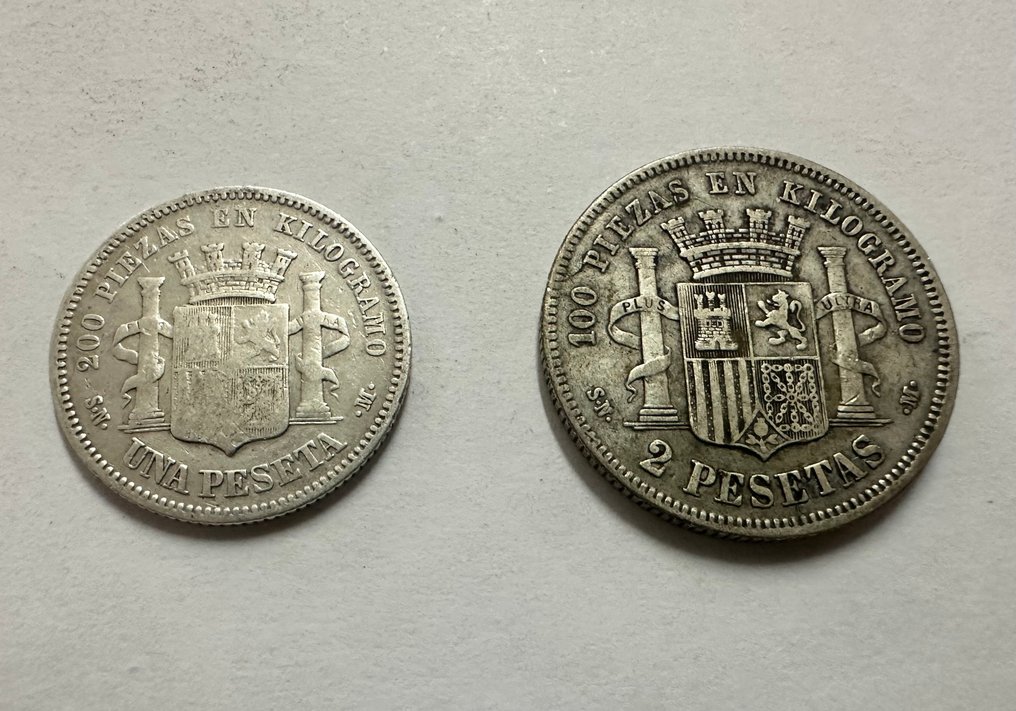 Spania. 1 peseta 1870 SNM y 2 pesetas 1869  (Ingen reservasjonspris) #1.0