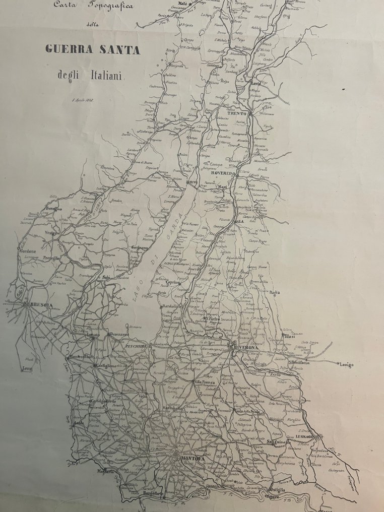 Italy - Brescia / Lake d’Idro / Lake Garda / Riva / Rovereto / Trento / Verona / Peschiera / Desenzano; Antonio Vallardi, Milano (“Milano Ant. Vallardi, contr. S. Margherita N. 1118”) - Carta Topografica della Guerra Santa degli Italiani” - 1821-1850 #2.1