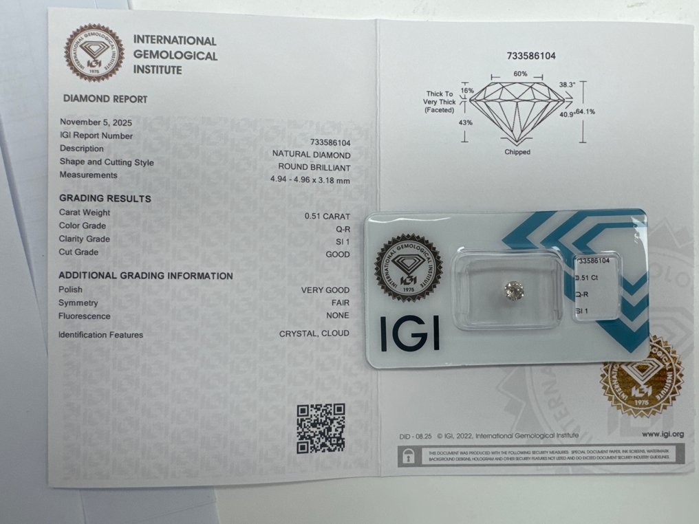 Nincs minimálár - 1 pcs Gyémánt  (Természetes)  - 0.51 ct - Kerek - SI1 - Nemzetközi Gemmológiai Intézet (IGI) - Q-R #2.1