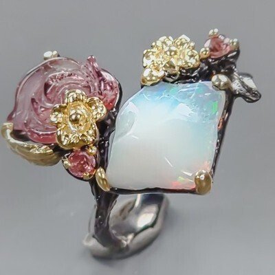 925 silver, rhodium-plated - partially gold-plated - opal - tourmaline - rhodolite - Ring #1.0