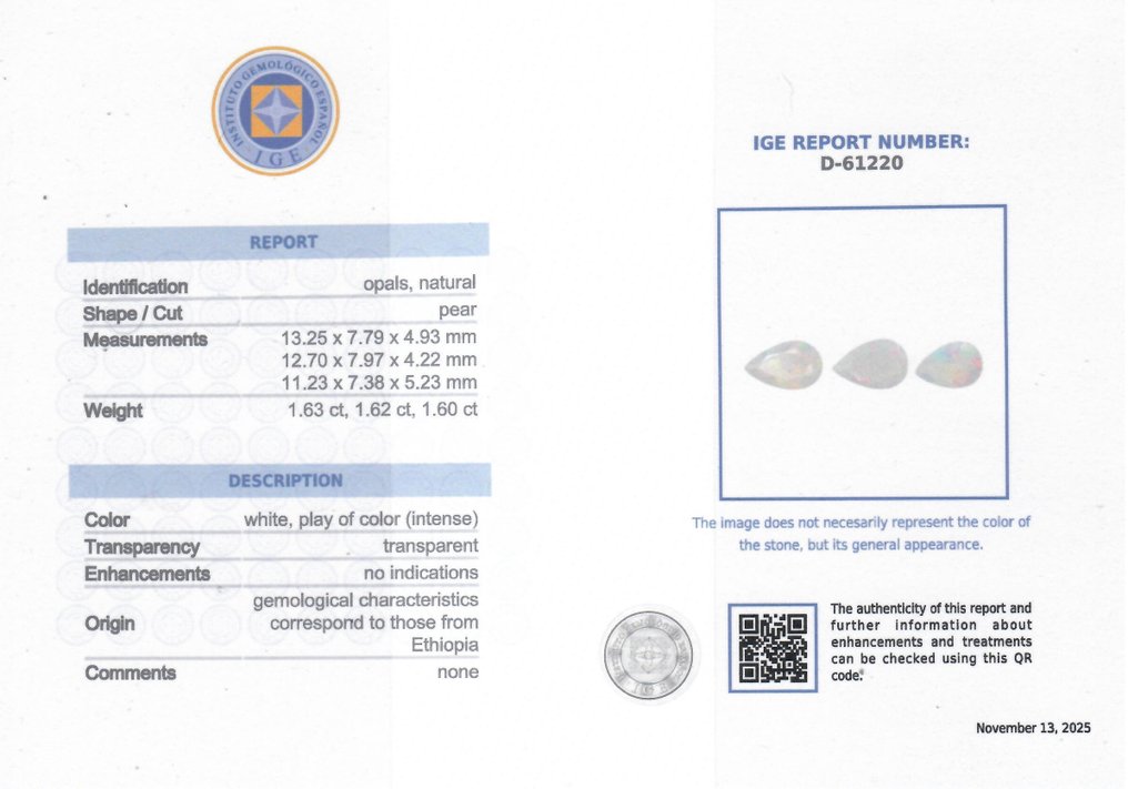 3 pcs Opal - 4.85 ct - Instituto Gemólogico Español (IGE) - Gra intensywnych kolorów #2.1