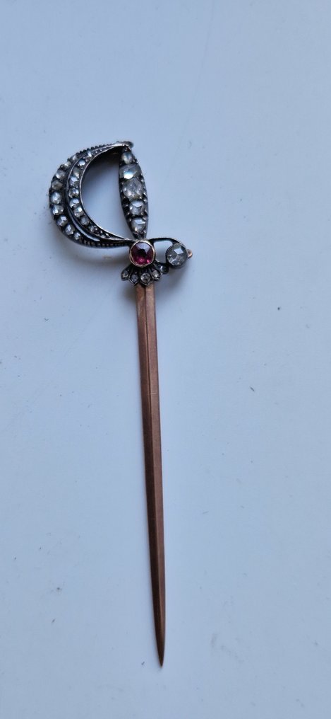 没有保留价 - 胸针 - 9 kt. 银, 玫瑰金 红宝石 - 钻石 #1.0