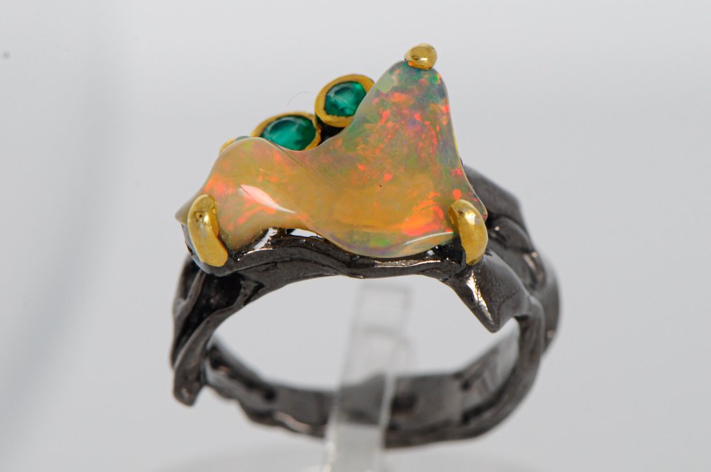 925 银 黑色镀铑 - 欧泊 - 玛瑙 - 戒指 #3.2