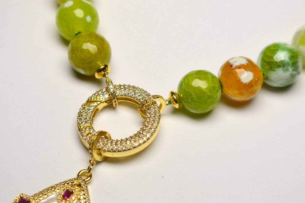 Green Agate, Ruby Cross, Mother of Pearl - Necklace #3.2