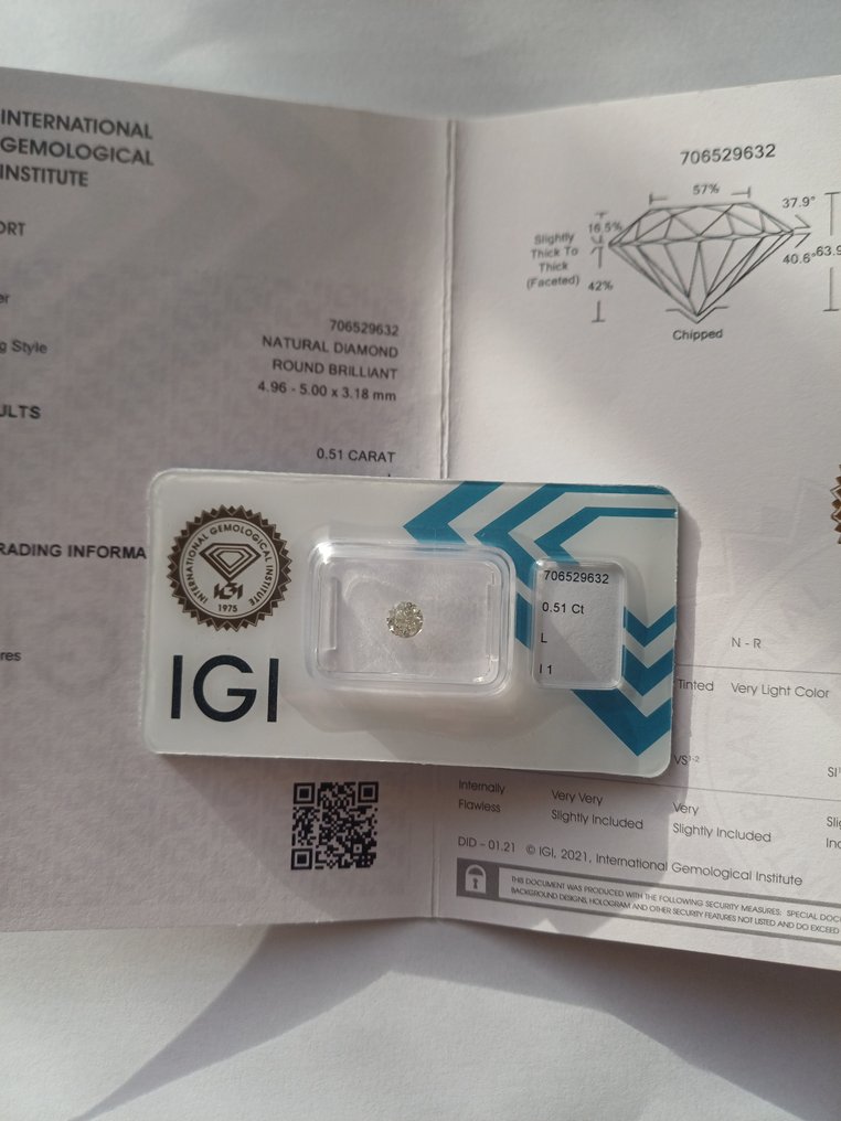 1 pcs 钻石  (天然)  - 0.51 ct - 圆形 - L - I1 内含一级 - 国际宝石研究院（IGI） #1.0