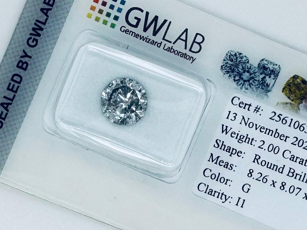 沒有保留價 - 1 pcs 鑽石  (天然)  - 2.00 ct - 圓形 - G - I1 - Gemewizard Gemological Laboratory (GWLab) #1.0