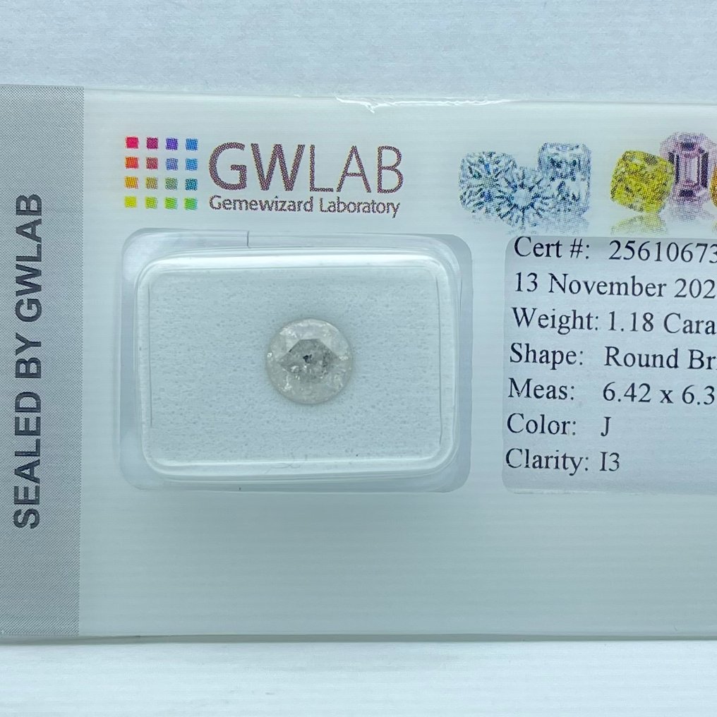 Ingen mindstepris - 1 pcs Diamant (Natur) - 1.18 ct - Rund - J - I3 - Gemewizard Gemological Laboratory (GWLab) #1.0