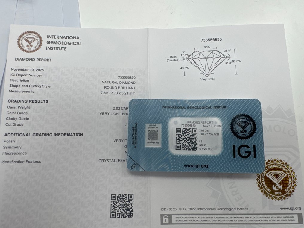 没有保留价 - 1 pcs 钻石 (天然色彩的) - 2.03 ct - 圆形 - Very light 棕色 - I2 内含二级 - 国际宝石研究院(IGI) #3.2