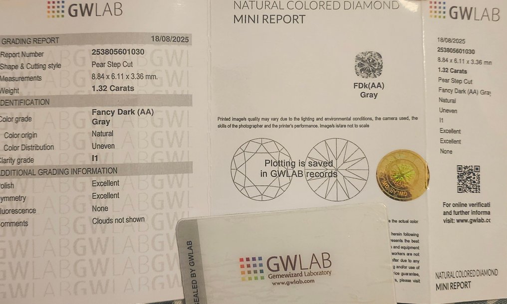 1 pcs Diamante (Colorido natural) - 1.32 ct - Pera - Fancy dark Cinzento - I1 - Gemewizard Gemological Laboratory (GWLab) #4.3