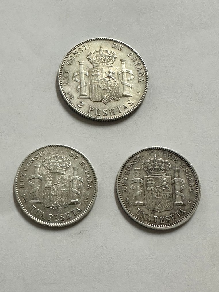 Espanha. Afonso XIII. 1 peseta 1903 y 1904 y 2 pesetas 1905 (Sem preço de reserva) #1.0