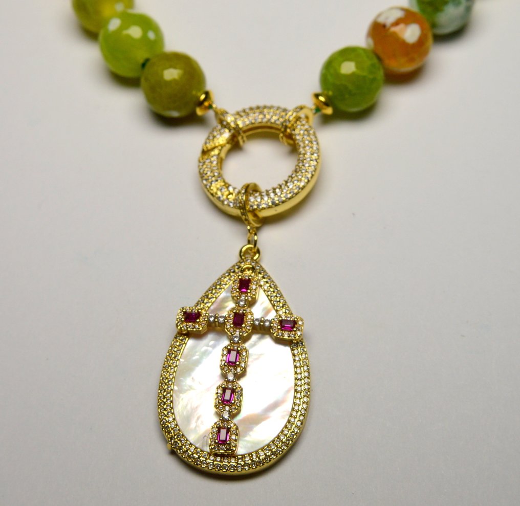 Green Agate, Ruby Cross, Mother of Pearl - Necklace #1.0