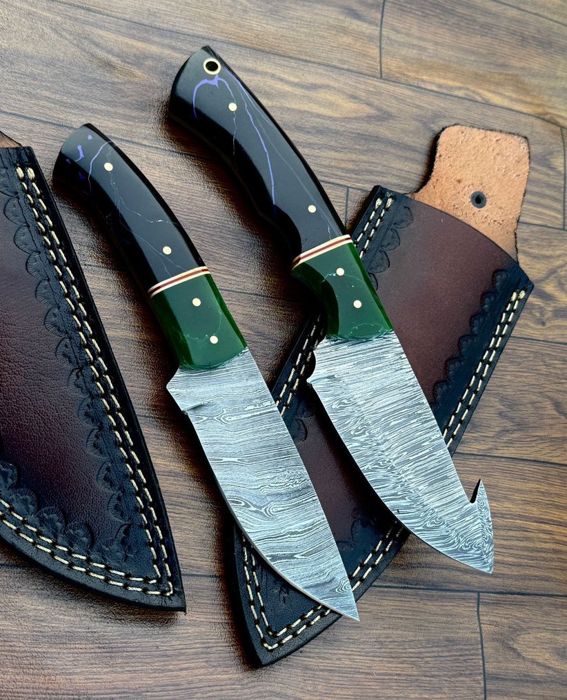 厨刀 - 厨房刀，餐桌刀，Fayer花纹。手工刀，大马士革钢刀片，升起。 - 亚洲 #3.2