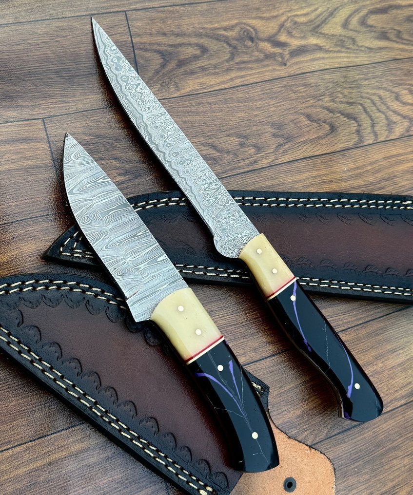 厨刀 - 厨房刀，餐桌刀，Fayer 图案。手工刀，Damascus 刀片，橄榄木柄。 - 亚洲 #1.0