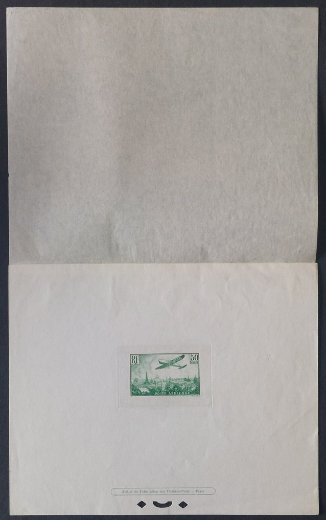 Frankrijk 1936 - Vliegtuig dat over Parijs vliegt, 50 f. geel-zwart, luxe proefdruk ondertekend door Roumet met - Poste aérienne 14 ou 14a #1.0