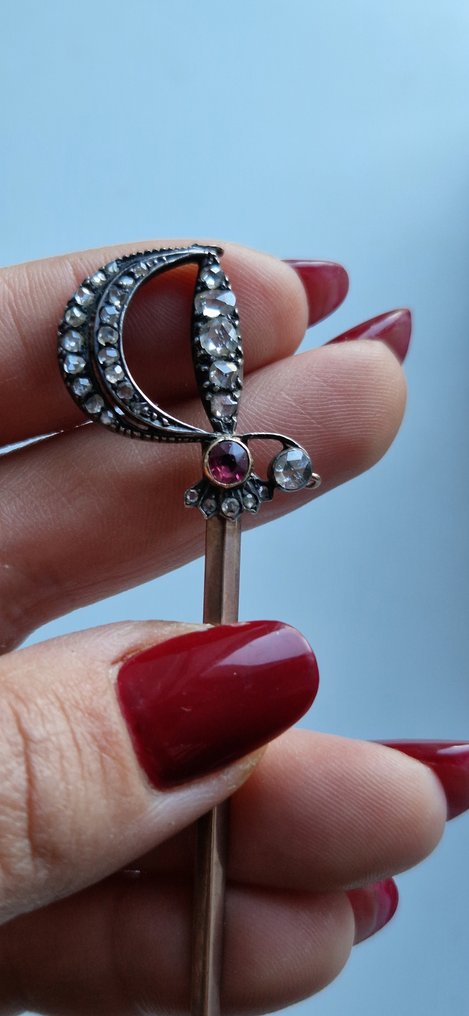 没有保留价 - 胸针 - 9 kt. 银, 玫瑰金 红宝石 - 钻石 #2.1