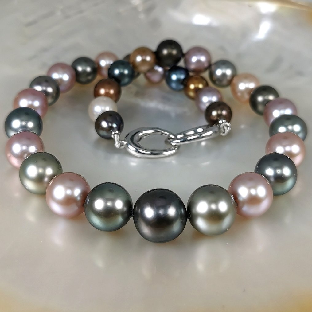 頸鏈 銀 珍珠 - 珍珠 - Tahiti Rainbow Ø10x14MM #1.0