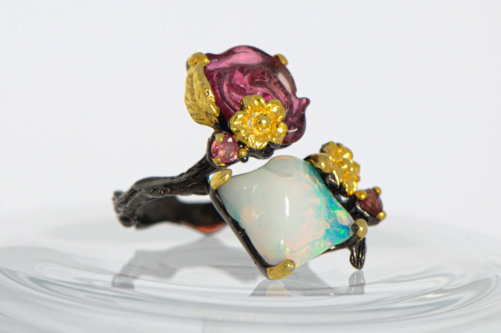 925 silver, rhodium-plated - partially gold-plated - opal - tourmaline - rhodolite - Ring #2.1