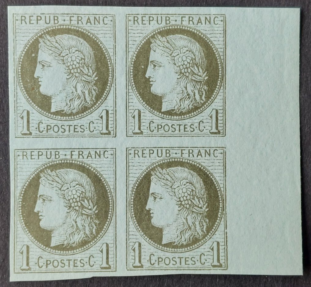 法国 1872 - 无齿Cérès，1枚橄榄绿色硬币，全新4枚一组，由Calves签名并附有证书 - Yvert 50c #1.0