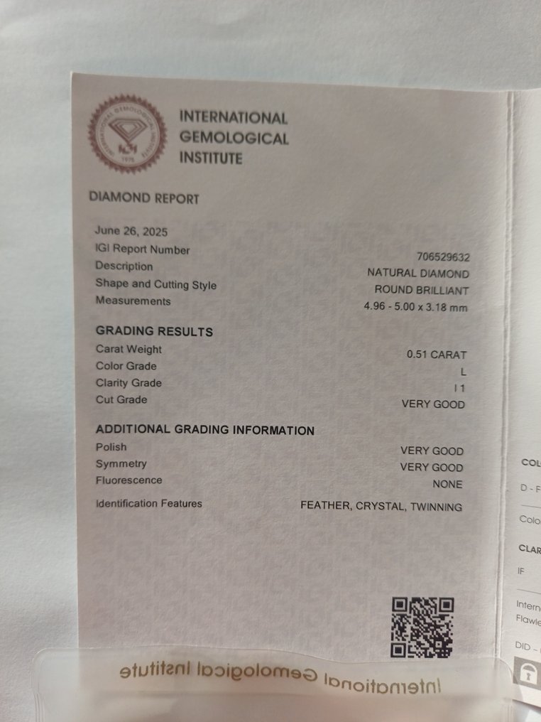 1 pcs 钻石  (天然)  - 0.51 ct - 圆形 - L - I1 内含一级 - 国际宝石研究院（IGI） #2.1