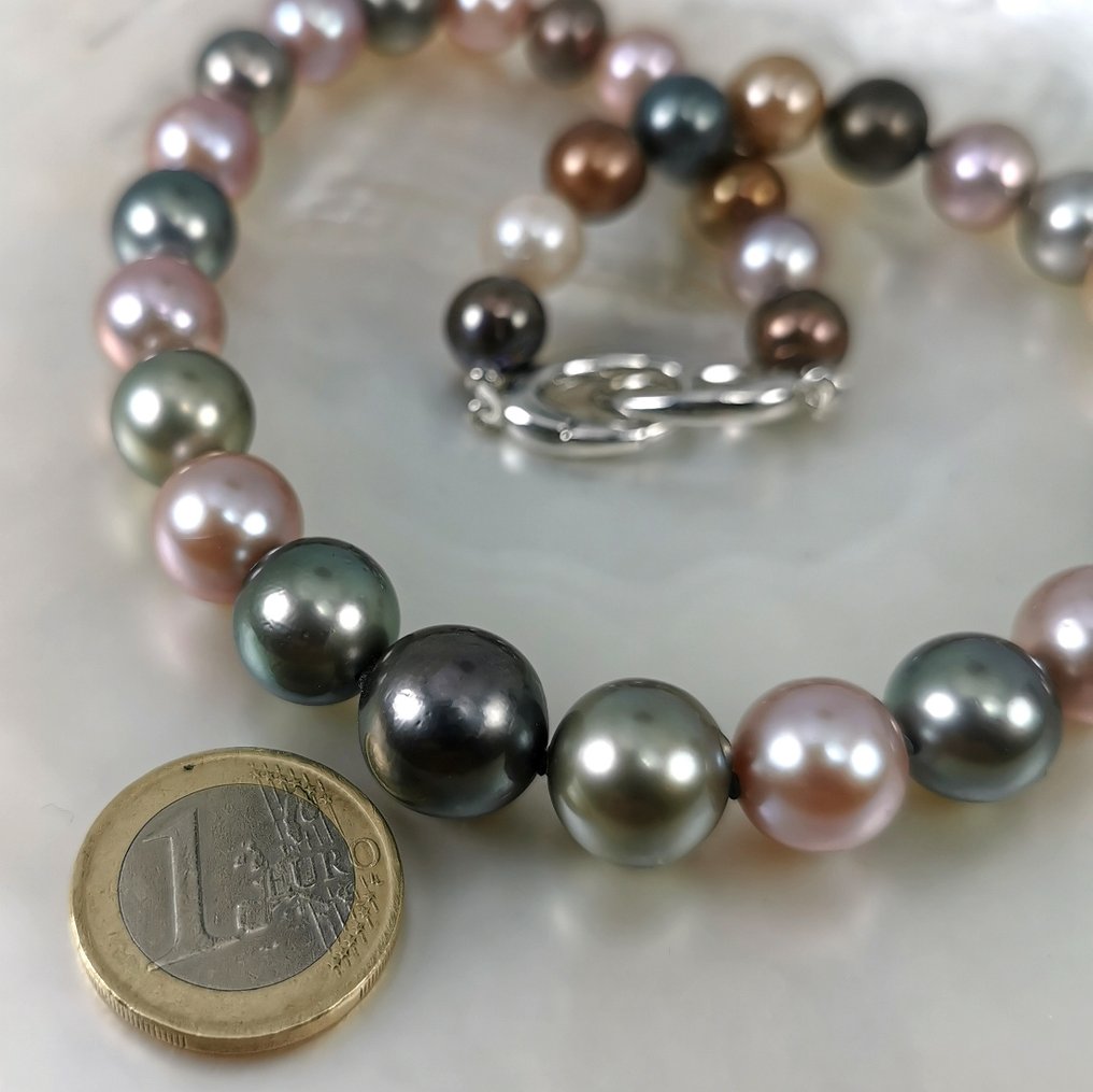 頸鏈 銀 珍珠 - 珍珠 - Tahiti Rainbow Ø10x14MM #2.1