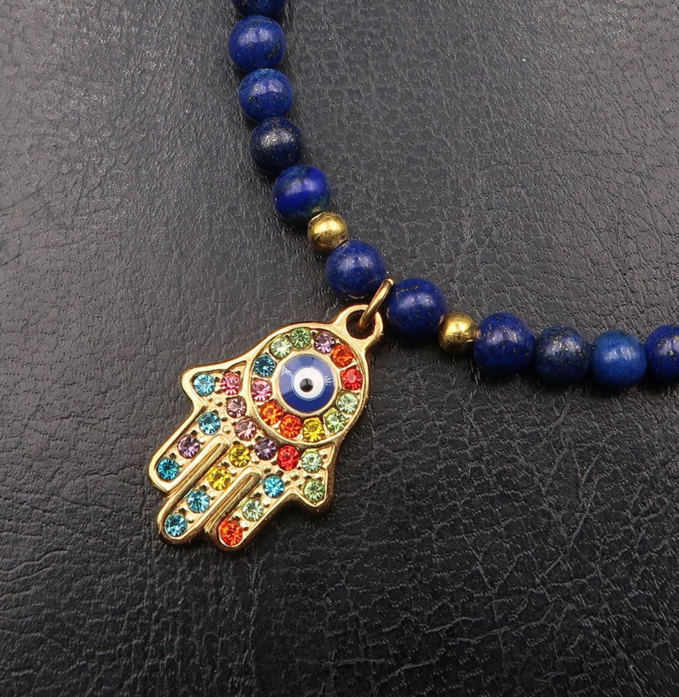 青金石 - 银, Fatma之手 - 保护免受厄运并吸引好运 - 14K金镀金扣环 - 吊坠项链 #3.2