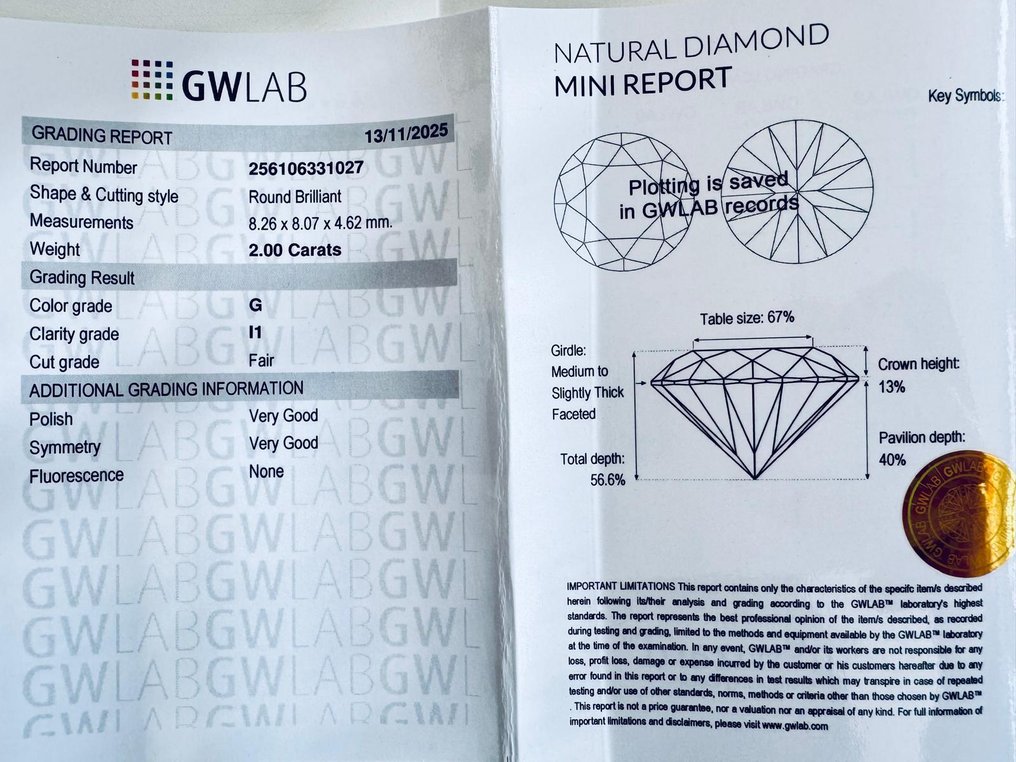 沒有保留價 - 1 pcs 鑽石  (天然)  - 2.00 ct - 圓形 - G - I1 - Gemewizard Gemological Laboratory (GWLab) #2.1
