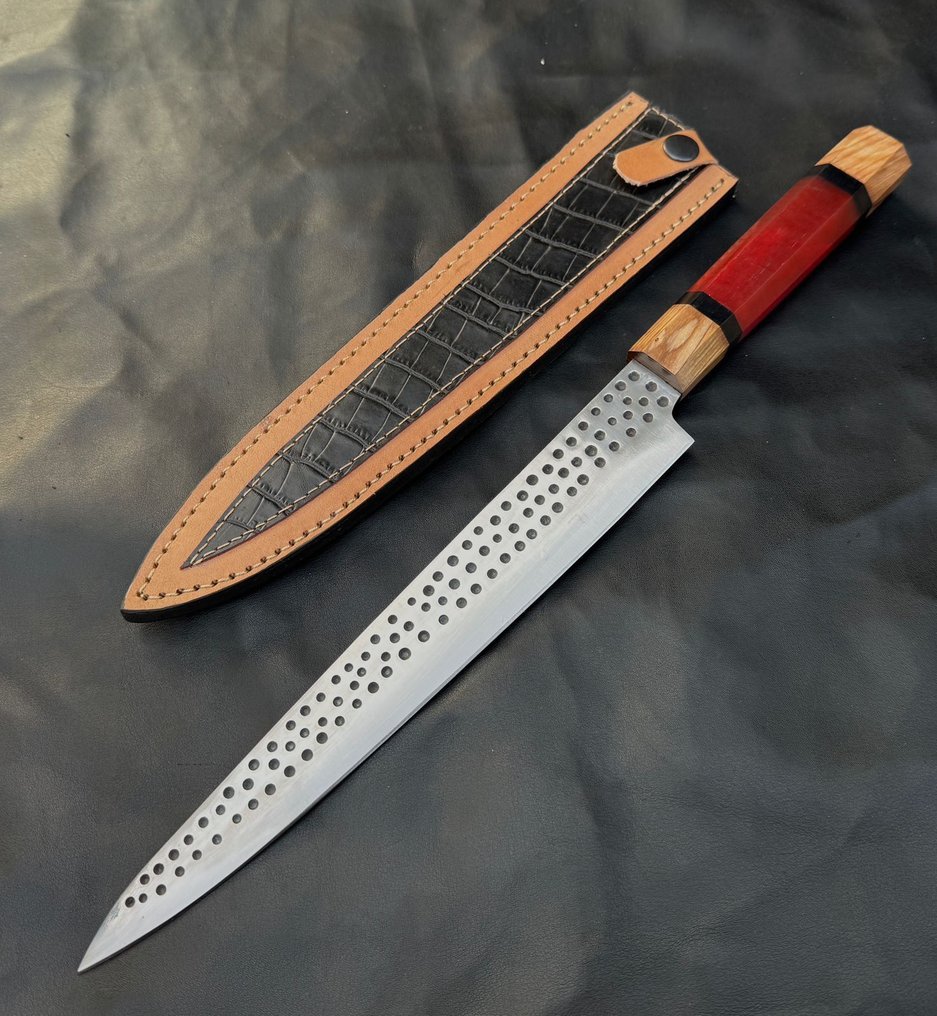 厨刀 - 日式风格。厨房刀橄榄木，非洲玫瑰木。Risen，皮革。 - 亚洲 #2.1