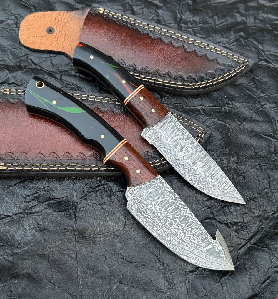 厨刀 -  厨房刀 - 餐桌刀 - 大马士革10/95 15N20 Risen，配非洲玫瑰木 - 木头 - 亚洲 #1.0