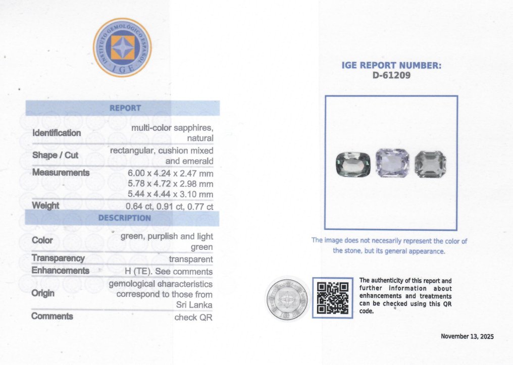 3 pcs  Ibolya, Zöld Zafír  - 2.32 ct - Instituto Gemólogico Español (IGE) #2.1