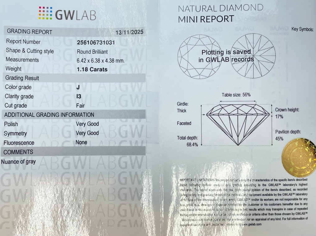 Ingen mindstepris - 1 pcs Diamant (Natur) - 1.18 ct - Rund - J - I3 - Gemewizard Gemological Laboratory (GWLab) #2.1
