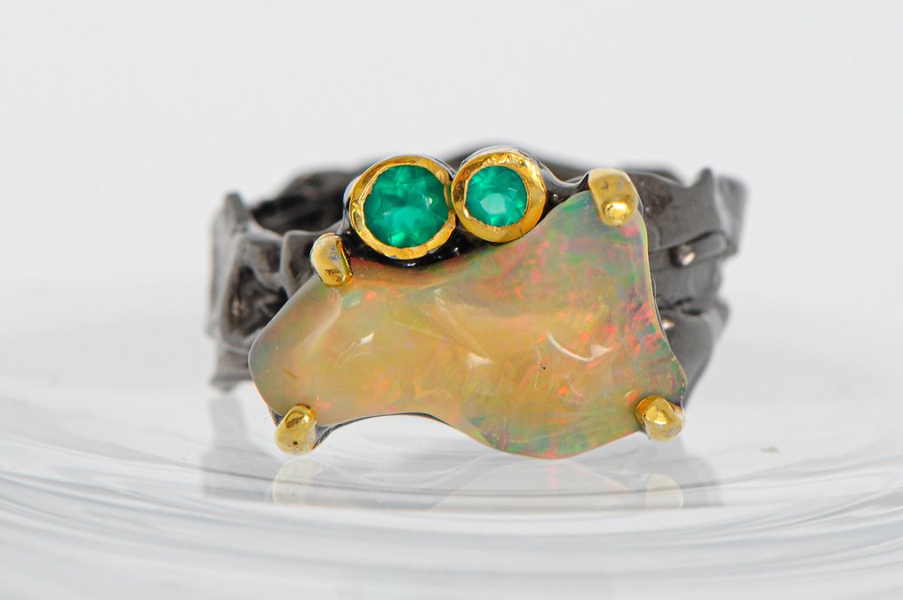 925 银 黑色镀铑 - 欧泊 - 玛瑙 - 戒指 #1.0