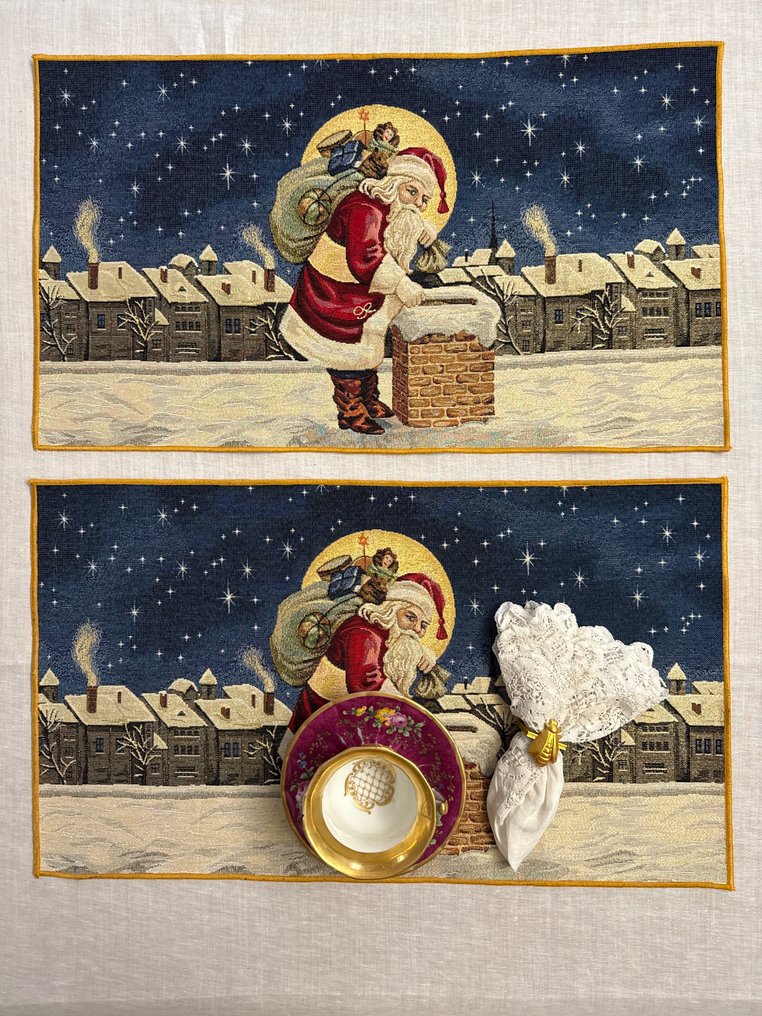San Leucio - Exclusive pair of tapestry placemats in Gobelin style featuring Santa Claus. - Tablecloth (2) - 70 cm - 40 cm #1.0
